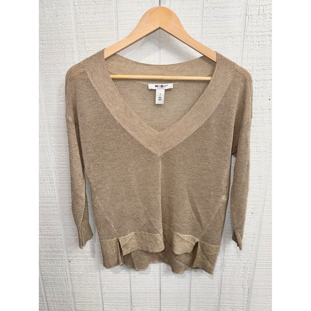 WHBM Metallic V-Neck Sweater Women Gold Shimmer Side Slit Knit Small